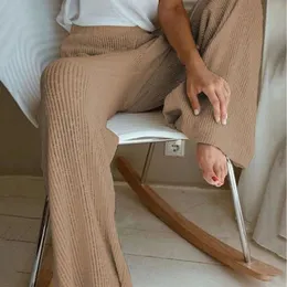 LAAMEI Kadın Kıst Geniş Bacak Pantolon Sonbahar Kış Rahat Düz Pantolon Kadın Gevşek Yüksek Bel Örme Pantolon Homewear 201113