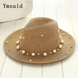Ymsaid New Summer British Pearl Beading Flat Flat Brimmed Pagning Hat Hombing Sun Hat Lady Beach Hat Y200714