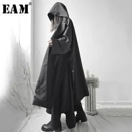 [EAM] Loose Fit Black Vent Split Joint Big Size Long Jacket New Hooded Long Sleeve Women Coat Fashion Tide Spring 1S662 201112