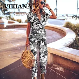 Vitiana kvinnor strand casual rompers kvinna jumpsuit sommar kvinnlig kortärmad spets upp tryck sexiga party jumpsuits t200509