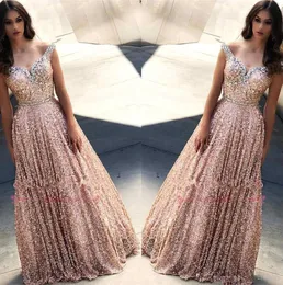 2020 Rose Gold Sequins Prom Dresses Crystals Sparkly Gillter Beaded Straps Floor Length Custom Made Plus Size Evening Party Gowns vestido