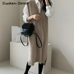 2020 neue Herbst Ärmellose Lange Gestrickte Kleider V-ausschnitt Warme Weiche Wolle Pullover Weibliche Herbst Winter Strickwaren Frauen Kleidung Grau Y0118