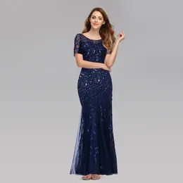 Elegant Mermaid Evening Dresses Jewel Neck Bling Sequins Appliqued Beaded Short Sleeve Prom Dress Ruffle Sweep Train Formal Party Gown