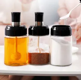 Salt Shaker Spice Bottle Glass Organizer 250ml Condiment Can med sked kök kryddor oljebehållare hem paprika förvaringslåda