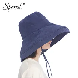 Sparsil Kadın Güneş Şapka Moda Süper Geniş Brim Fold Kova Kap Fedoras Plaj Düğün Yaz Katı Renk Disket Güneş Şapkaları + Halat Y200602