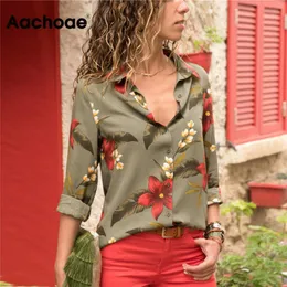 Aachoae Womens Toppar och Blusar Sommar Blommor Blus Långärmad Slå ner Krage Kontorskjorta Blusas Mujer Plus Size 201130