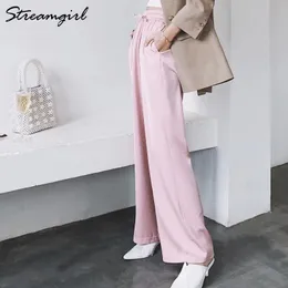 Streamgirl Summer Wide Leg Pants for Women Pantaloni High Waist Satin Wide Pants Casual Red Pants Summer Woman 201118