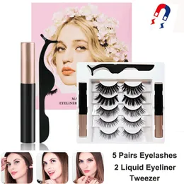 Magnetyczne rzęsy z zestawem do eyeliner 5 par 3D Magnetyczne rzęsy rzęsy Naturalny wygląd Gruby Krzyż Wielokrotnego użytku rzęsy z pincety bez kleju