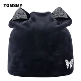 TQMSMY Strass Autunno Inverno Berretti lavorati a maglia Skullies per le donne Outdoor Slouchy Bonnet Casual Cat Ear Velluto Cappello Caps TMDH25 Y201024