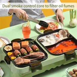 2in1 Electric Smokeless Grill and Hot Pot 2200W Detachable Roasting and Shabu All-in-one Pan Smokeless Barbecue Baking Flat Pan 201223