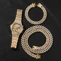 12mm Hip Hop 3 PCS Ustaw Iced Out Diament Miami Cuban Link Łańcuch Naszyjnik Zegarek Bransoletka Bling Rapper Curb Gold Jewelrygifts dla mężczyzn
