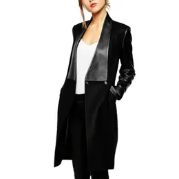 Xuxi Läder Patchwork Slim Lång Kvinnor Vinter Jackor Jackor Ärmade Stickad Ull Coat Chaqueta Mujer Kvinna Overcoat LJ201106