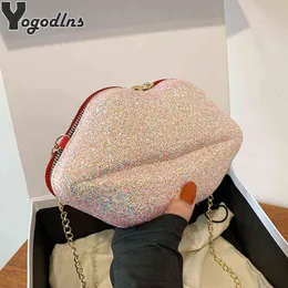 Shopping Bags Women Shoulder Handbags Sequins Lip Crossbody Chain Small Phone Pouch Brand Design Ladies Shiny Messenger Bolsa Feminina220307