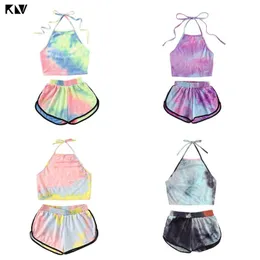 KLV Sexy Lato Dwuczęściowe Zestaw Tie Dye Gradient Kolorowe Drukowane Halter Backless Crop Top Szerokie Szorty Nogi Spodnie Spodnie Suit Beachwear T200702