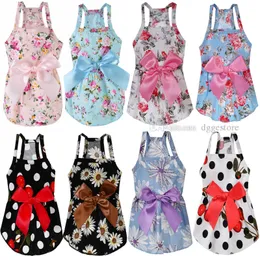 Dog Dress with Bow Sublimation Printing Dog Apparel Elegant Floral Ribbon Pet Princess Dresses Pets Sundress Puppy Braces Skirt for Small Girl Dogs Wholesale A306