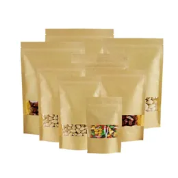 9*17 cm Kraft Papierowe torby z przezroczyste okno Uszczelnienie cieplne zamek błyskawicy torba stojak na sakiety do orzechów z jedzeniem Pakowanie herbaty