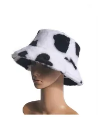 Wide Brim Hats Women Winter Warm Fluffy Plush Bucket Hat Milk Cow Print Panama Fisherman Cap1