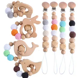 Trä Beaded Baby Pacifier Clip Chain + Tanding Pärlor 2st / Set Teether Dummy Strap Chain Baby Teether Spädbarn Foder