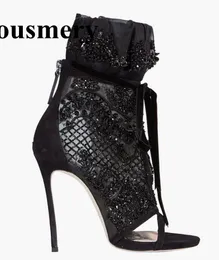 New Fashion Women Open Toe Black Mesh Ankel Wrap Rhinestone High Heel Boots Lace-up Crystal Super High Ankel Boots Bröllop Skor1