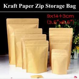 100PCS 9x14 + 3cm (3.5 "x5.5") 280mikron Ställ upp kraftpapper Ziplock Storage Bag Dopack Matkvalitet Självförseglad Zip-påse