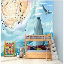 Creative watercolor ocean whale background wall children's room background wall TV wall blue wallpapers window mural wallpaper