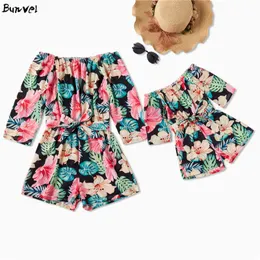 bunvel Summer Boho Beach Mommy and Me Clothes Playsuit Slash Neck Floral Print Rompers Jumpsuit Family Matching Clothes 2020 LJ201111