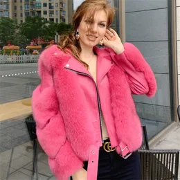 Maylofuer Real Fox Fur Coat with Genuine Sheepskin Leather Jacket Long Sleeves 100% Natural Fox Fur Coats for Women Hot Sale 201124