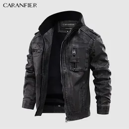 Caranfier Mens Casacos de Couro Motocicleta Suporte Collar Zipper Bolsos Masculinos Tamanho dos EUA Pu Coats Biker Faux Leather Moda Moda Outerwear 201215