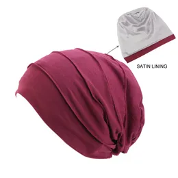 Nytt dubbel lager satinkantad kemo cap muslimsk kvinna natt stretch sömn bomull cancer håravfall bonnet hatt tillbehör