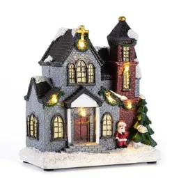innodept12 6"Resin Christmas Scene Village Houses Town With Warm White LED Light Holiday Gifts Xmas Decoration For Home Y201020