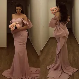 Sexy Off Shoulder Mermaid Evening Dresses Dusty Pink Bow Prom Party Dress Sweep Train Simple Design Long Sweetheart Chic Formal Occasion