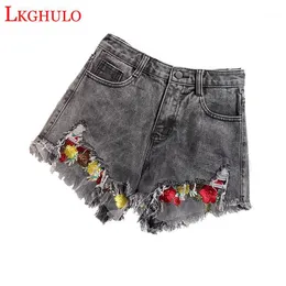 Women's Jeans Vintage Floral Embroidered Shorts Women Rose Flower Embroidery Elastic High Waisted Denim Blue Short Female A4681