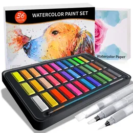 36 Цветов Твердые пигментные акварельные краски набор с 8 листами 300GSM бумаги и водяной щеткой ручкой для профессиональных художественных материалов 201226
