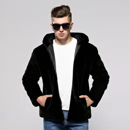 2020 New Faux Mink Coat Men Hooded Warm Faux Fur Jacket Casual Imitation Rabbit Fur Jacket Male Zipper Outerwear