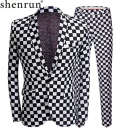 Shenrun Moda Takım Elbise Erkekler Siyah Beyaz Ekose Baskı 2 Parça Set Son Ceket Pantolon Tasarımları Düğün Sahne Şarkıcı Slim Fit Kostüm 201106