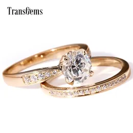 TransGems Sólido 14K 585 Oro amarillo 1ct 6.5mm F Color Conjunto de anillos de compromiso para mujeres Boda 2 piezas Conjunto de anillos Birdal Y200620