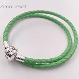 High quality Fine Jewelry Woven 100% genuine Leather Bracelet Light Green Mix size 925 Silver Clasp Bead Fits Pandora Charms Bracelet DIY Marking  for women men gifts