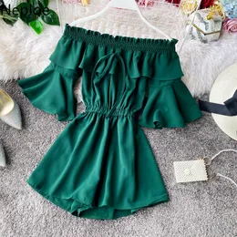 نفقات قبالة الكتف بذلة عارضة مثير المرأة مضيئة كم قصير الصيف الصلبة مائلة الرقبة playsuit بيتش عطلة رومبير 81149 T200704