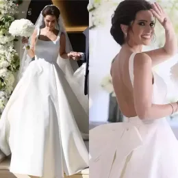 2022 Vestidos de noiva lindos vestidos de noiva feitos sob encomenda feitos tamanho Plus século quadrado Pescoço tiras Ruched pregas Sexy Backless Bow Vestidos de Novia