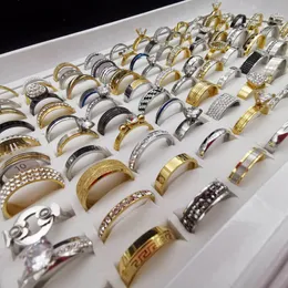 50 sztuk/partii pierścień ze stali nierdzewnej biżuteria dla kobiet mężczyzn Crystal Rhinestone obrączki prezent Party hurtownie mieszany styl