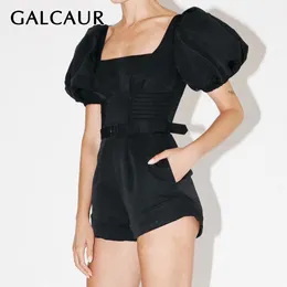 Galcaur Elegante Preto Jumpsuit Feminino Praça Collar Suff Manga Alta Cintura Sashes Túnica Playsuits Mulheres 2020 Moda Novas Roupas T200704