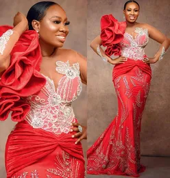 2022 Plus Size Arabic Aso Ebi Red Luxurious Mermaid Prom Dresses Lace Beaded Sexy Evening Formal Party Second Reception Birthday Engagement Gowns Dress ZJ305