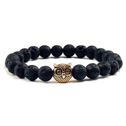 8MM Black Natural Vocanic Rock Owl Beads Bracelets Chakra Lava Stone Men Women Beads Bracelet Strand Strength Bracelet Costume Jewelry