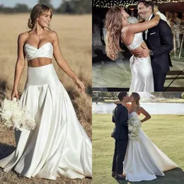 2021 Duas peças vestidos de noiva uma linha cetim Sweetheart decote varrer treinar ruched plissos feito sob encomenda vestido de casamento vestido de novia