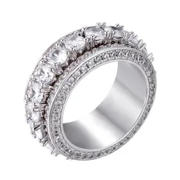 Size 7-12 5Row Men Rotatable Rotate Iced Out Ring Gold Silver Color Cubic Zircon HipHop Jewelry