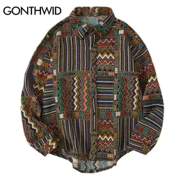 Gonthwid Ulusal Stil Renk Blok Geometrik Desen Uzun Kollu Tees Gömlek Streetwear Hip Hop Harajuku Rahat Gevşek Gömlek Üst LJ200925