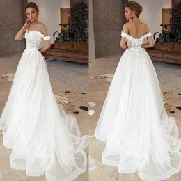 Кружева Линия Свадебное платье 2021 3D Цветочные аппликации Разведка Поезд Свадебные платья Boho Сад Свадьба Vestidos