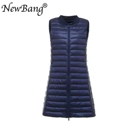 Newbang colar de beisebol mulheres colete longo ultra iluminação para baixo coletes feminino down casaco slim sem mangas mais xxxl 201029