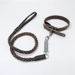 Dog Cowhide Collars Medium And Large Dogs Traction Rope Adjustable Eight-strand Spring Dog Rope + Collar S M L