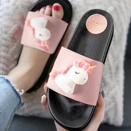 3D Cute Unicorn Home Slippers 2020 Women Summer Cartoon Ladies Slides Indoor Outdoor Flats black platform Soft House Shoes Girl